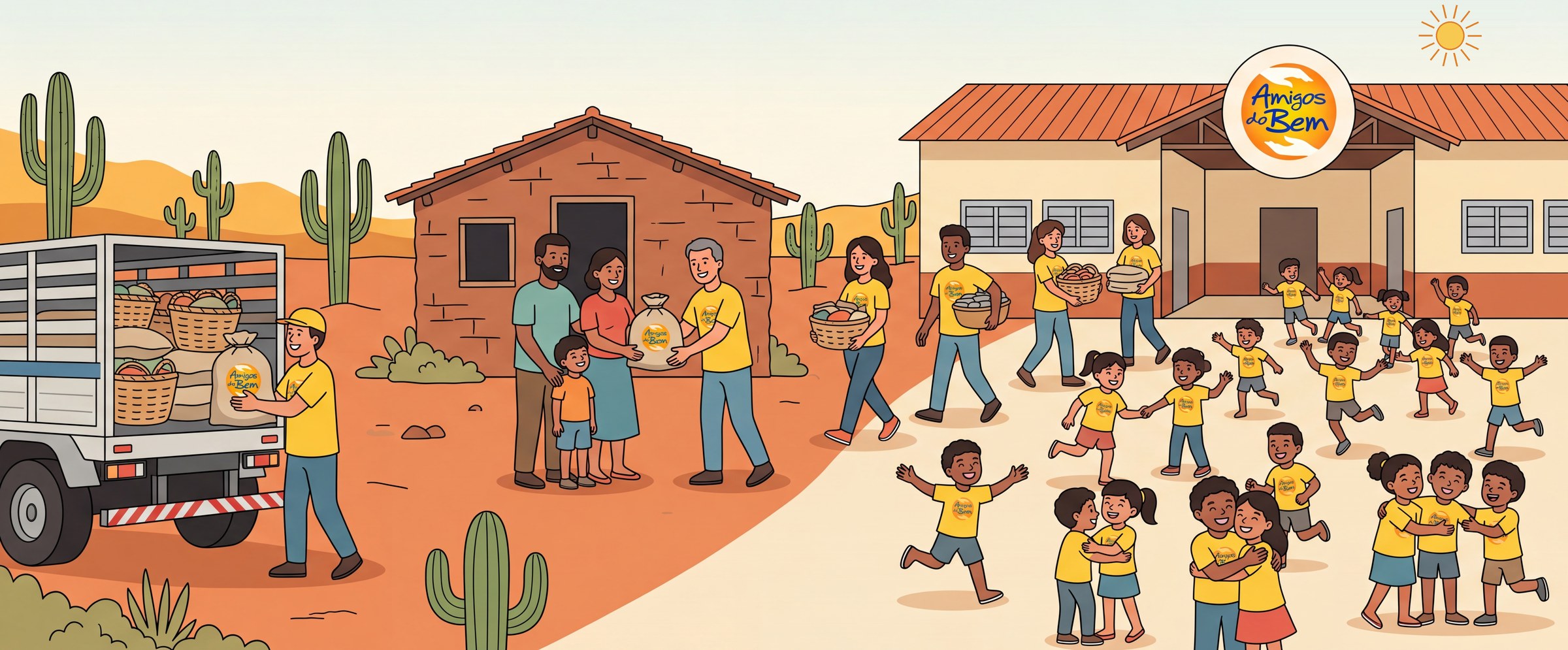 Ilustração da caravana dos Amigos do Bem: caminhões carregados de cestas, voluntários entregando a feirinha numa casa de taipa e as crianças no Centro de Transformação, sob o sol do sertão
